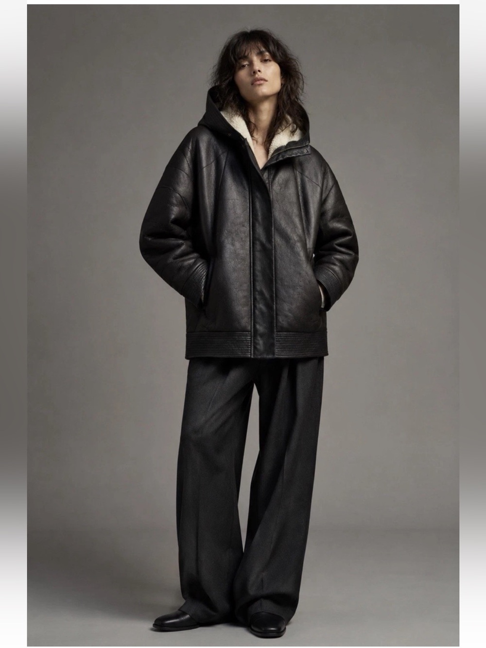 Helmut Lang Women’s Shearling Lamb Leather Hooded Jacket M Brown Black